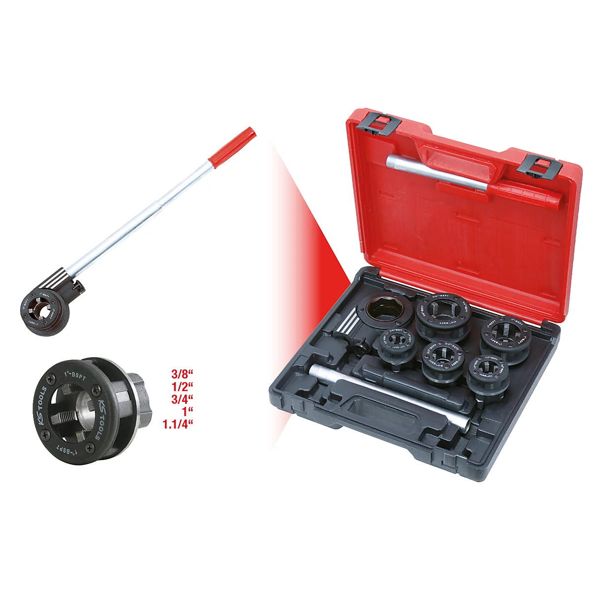 Ein Werkzeug-Set für Gewindeschneiden. Es besteht aus mehreren Teilen in einem roten Koffer und einem separaten Werkzeug mit rotem Griff.